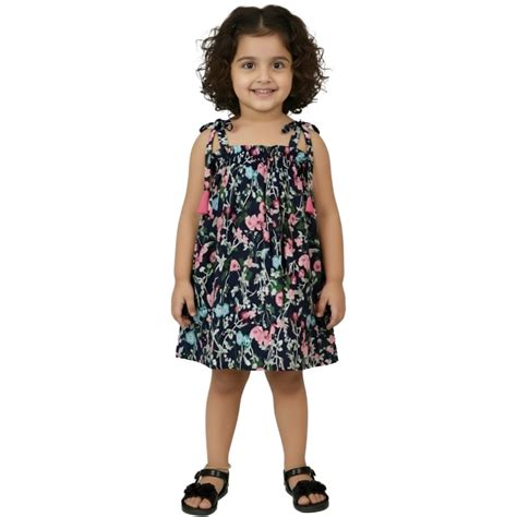 Snowflakes Girls Tying Style Frock With Flower Prints - Dark Blue