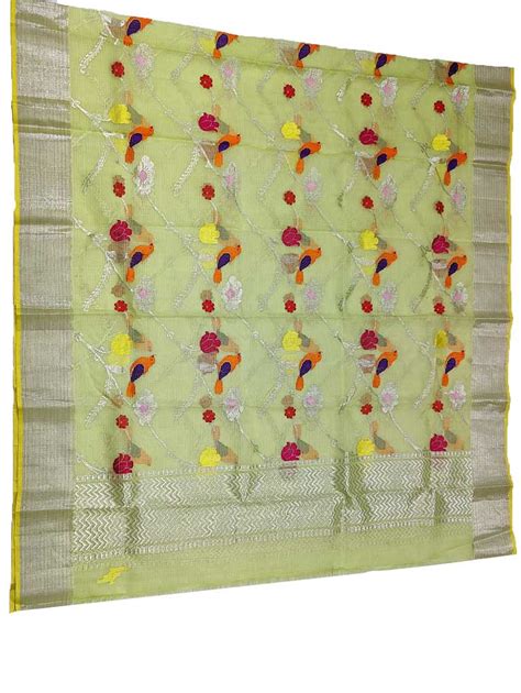 Green Handloom Kota Doria Real Zari Dupatta - Bird & Floral Design