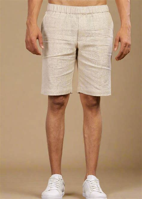 Elastic Waist Band Beige Linen Shorts With Zipper for Men – Linen Trail