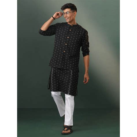 Buy Vastramay Mens Black Woven Nehru Jacket with Kurta and Pant (Set of ...