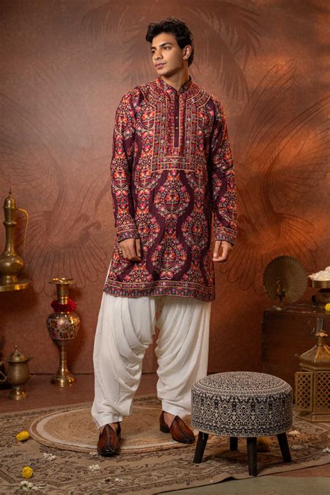 Wine colour floral motifs Kurta with patiala pant – raaya.in