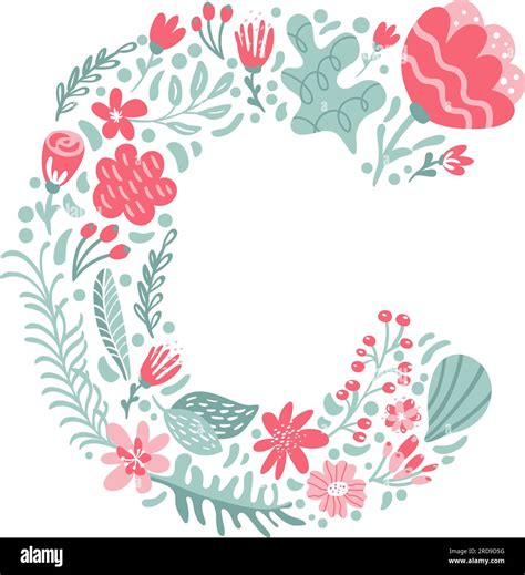 Vector Hand Drawn Font Letter C with Flowers and Branches Blossom Spring. Floral alphabet ...
