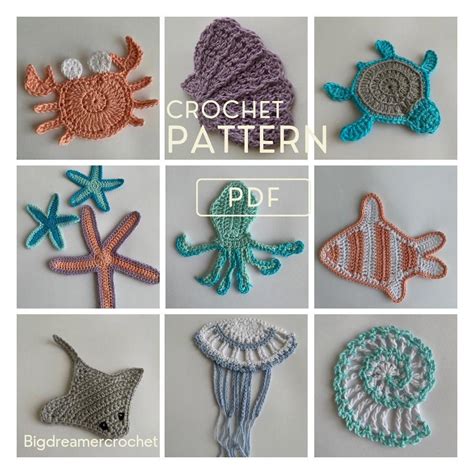 9 in 1 Sea Creatures Applique Pack | PDF Crochet PATTERN | Jellifish ...