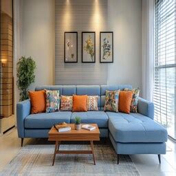 Contemporary Living Room Design With Blue L-Shaped Sofa And Yellow Cushions