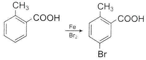 `o-Toluic` acid on reaction with `Br_(2) + Fe` gives
