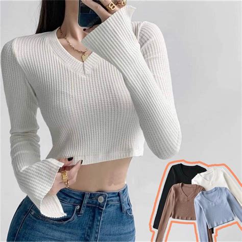 Angelcity V Neck Tops Long Sleeve Waffle Tela Crop Top Blouses ZZ ...