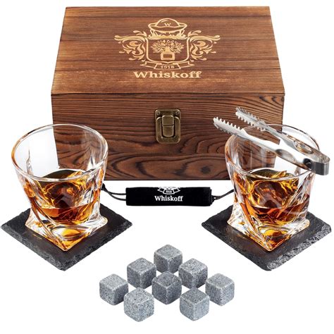 W WHISKOFF Bourbon Whiskey Glass in Wooden Box , Set of 2, Brown ...