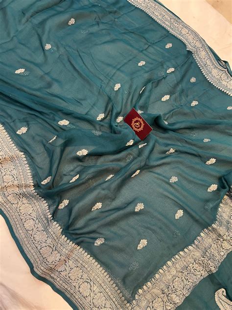 Teal Green Khaddi Chiffon Banarasi Handloom Saree - Aura Benaras ...