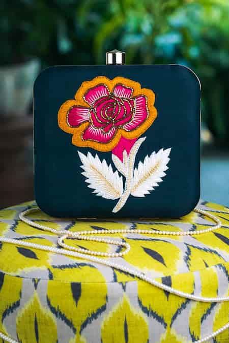 Buy Green Embroidered Lily Silk Square Clutch by NR BY NIDHI RATHI ...