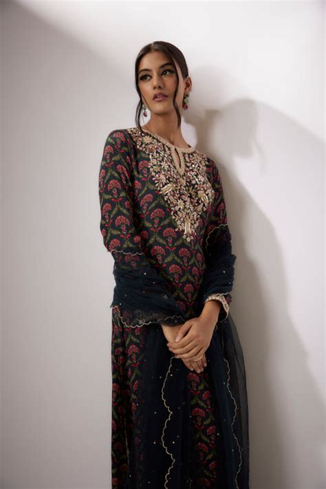 Nadima Saqib - Navy Blue Crepe Printed Kurta Set - Elahe