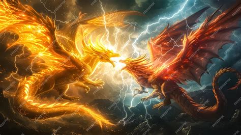 3d illustration Dragon War epic battle between fire dragon and ...