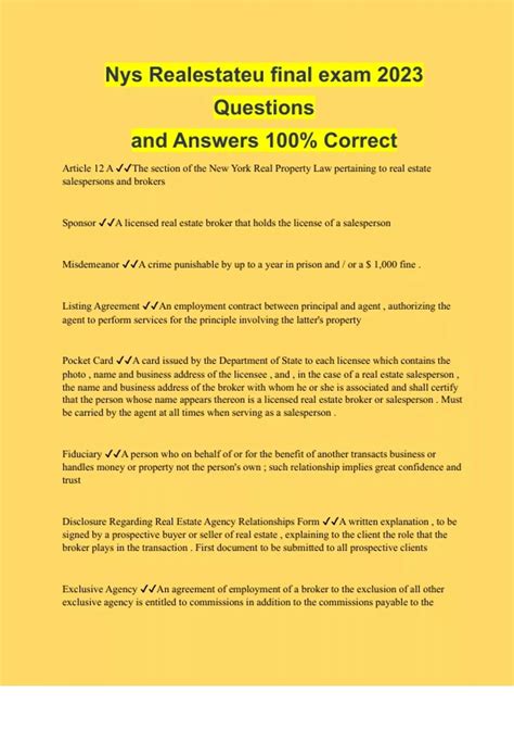 Nys Realestateu final exam 2023 Questions and Answers 100% Correct ...