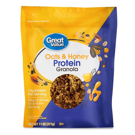 Great Value Oats and Honey Protein Granola 11 oz with 28g whole grains, 13g protein for ...