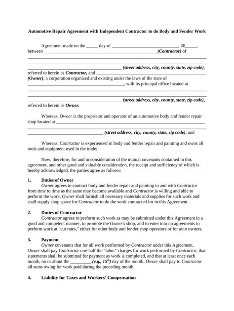 Automotive Repair Agreement with Independent Contractor - Blank ...