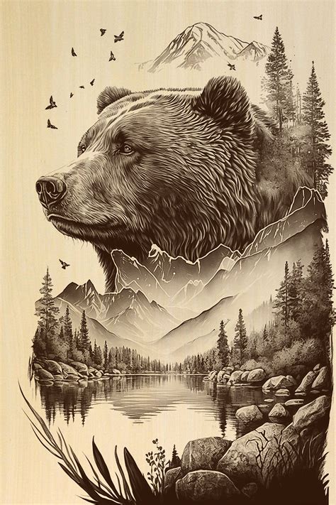 Grizzly Bear Mountain Laser Engraving: Wildlife Art (digital Download ...