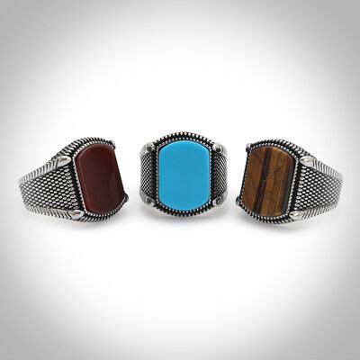 B Series Dot Patterned Mens Ring Brown Tiger Eye Stone