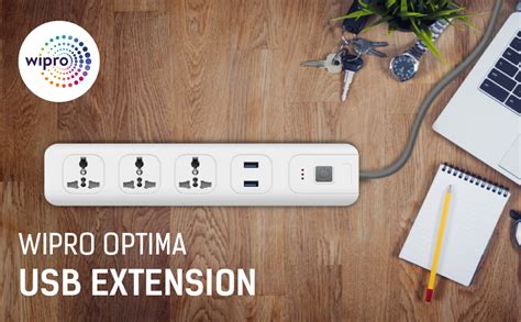 Wipro USB extension cord with 2 mtr cord length | 3 Universal socket ...