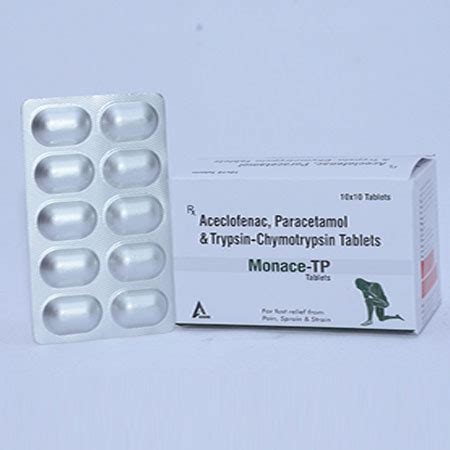 Monace tp - Aceclofenac, Paracetamol & Trypsin-Chymotrypsin Tablets ...