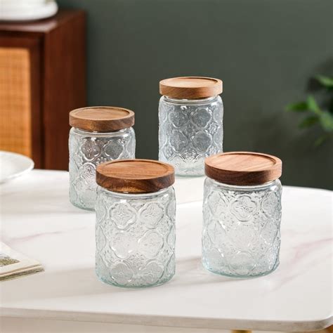 Vintage Patterned Glass Jar With Lid Set Of 4 700ml Online - Premium ...