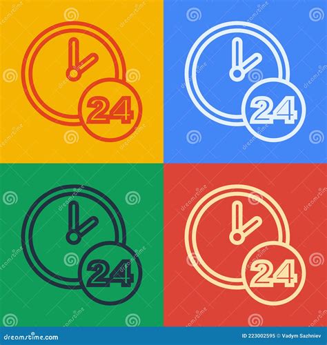 Pop Art Line Clock 24 Hours Icon Isolated on Color Background. All Day ...