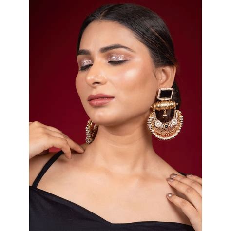 Buy Niscka Antique 24K Gold Plated Black Stone Pearl Chandbali Earrings ...