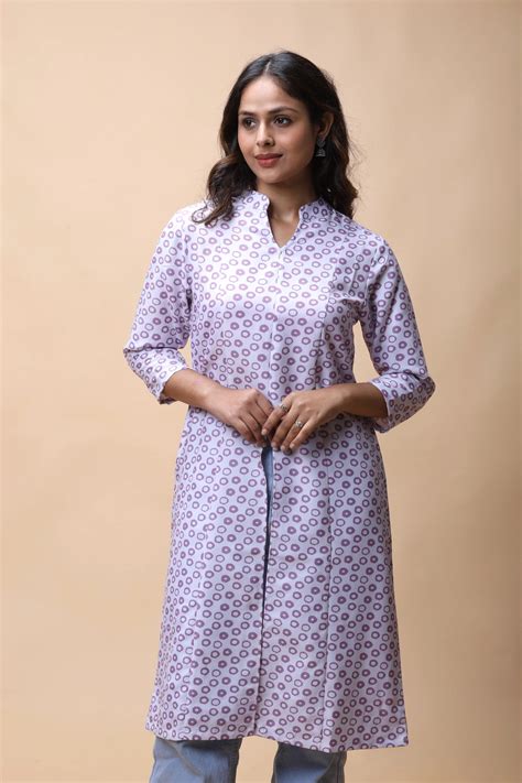 Buy Purple Printed Front Slit Long Kurta For Women online – All There