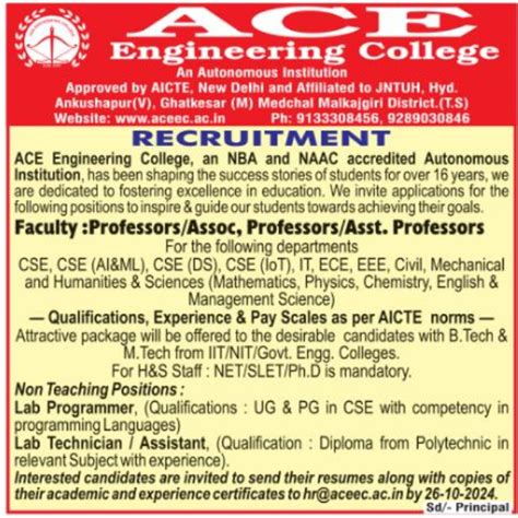Professors Recruitment at ACE Engineering College, Hyderabad 2024 ...