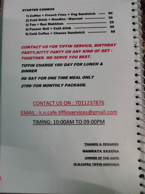 Menu at K.N. Cafe & Tiffin Services, Lucknow