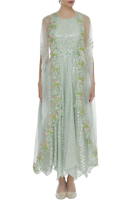 Buy Priyanka Jain Green Pleated Dress With Embroidered Belt And Sheer ...