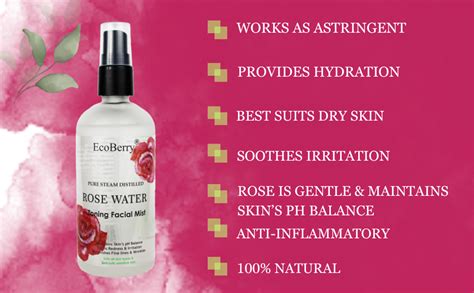 EcoBerry Pure Steam Distilled Rose Water Toning Facial Mist For Calming ...