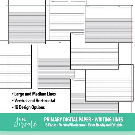 Primary Writing Lined Digital Paper | Horizontal • Vertical | 16 Print Ready and Editable Files ...