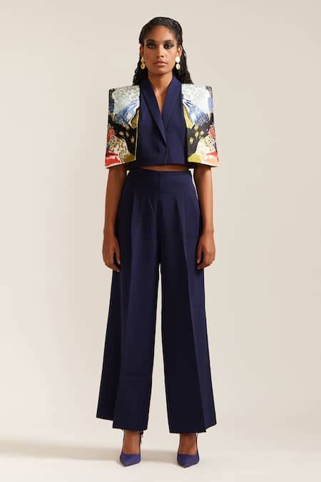 Buy Blue Crepe Embroidery V-neck Landscape Applique Jacket With Pant ...