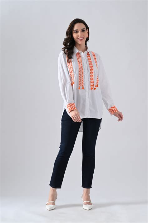 White Cotton Shirt with Orange Lace Detailing – Anysa