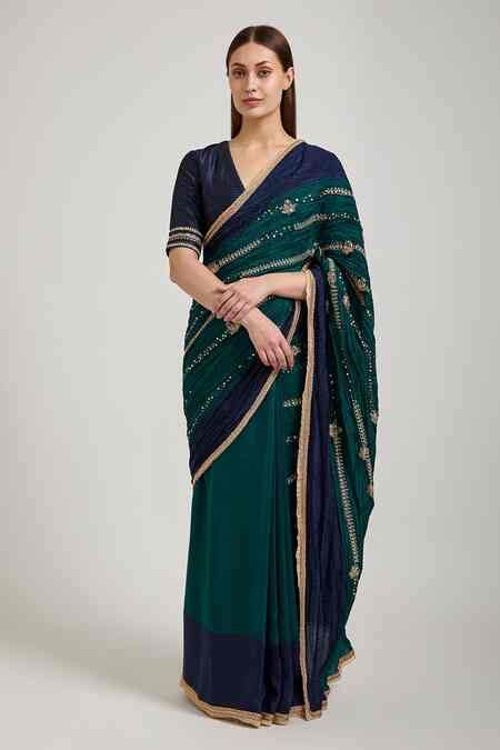 Buy Blue Summer Silk Embellished Zari Dori Work Crushed Saree For Women ...