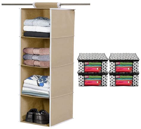 Kuber Industries 4 Shelf Closet Hanging Organizer (Brown) & Polka Dots ...