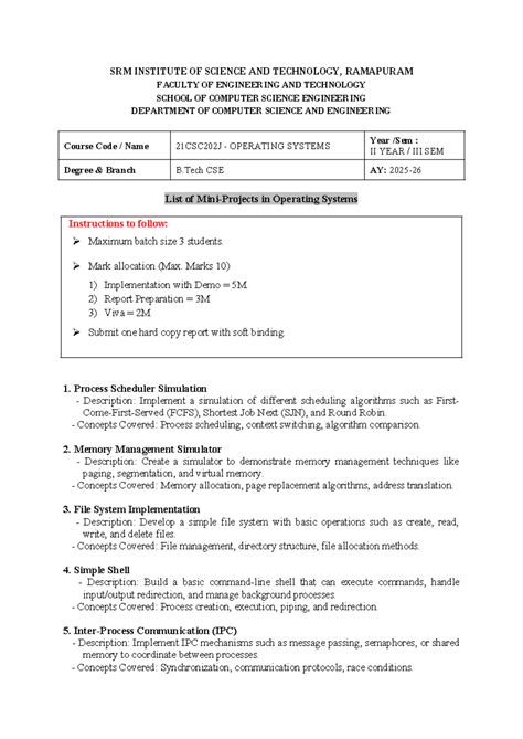 21CSC202J Mini-Projects in Operating Systems - B.Tech CSE - Studocu
