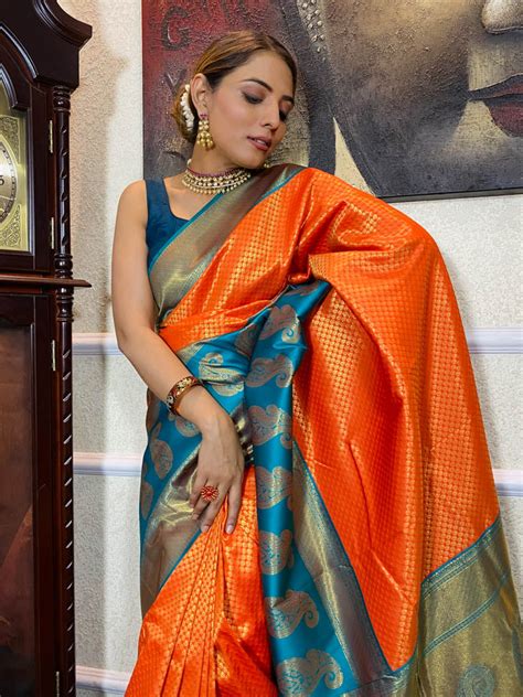 Tangerine Orange Kanjeevaram Silk Banarasi Handloom Saree – Zilikaa