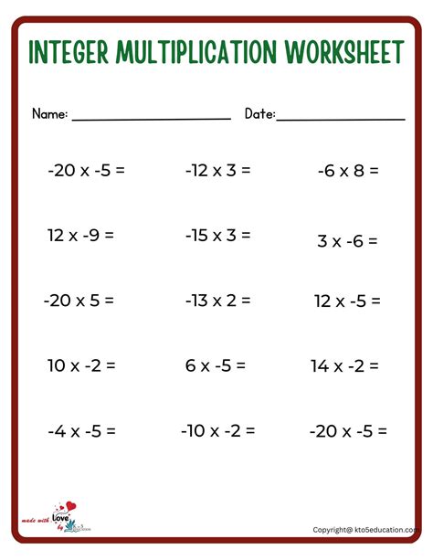 Multiplying Integers Questions Worksheet