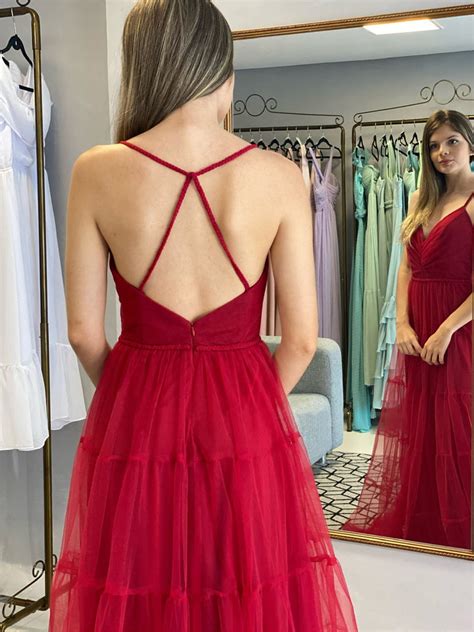Maroonish Red V neck Ruched Tulle Gown – ShObO