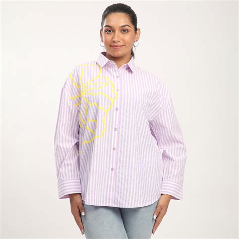 Plus Size Lilac Rayon Blend Striped Floral Printed Oversized Shirt by ...