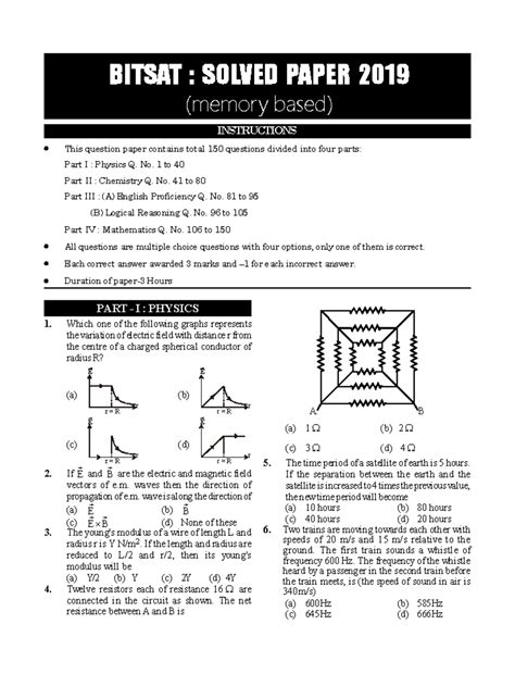 BITSAT 2019 Solved Paper with Physics, Chemistry & Math Questions - Studocu