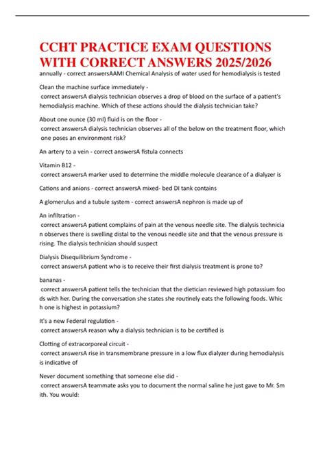 CCHT PRACTICE EXAM QUESTIONS WITH CORRECT ANSWERS 2025 - CCHT DIALYSIS ...