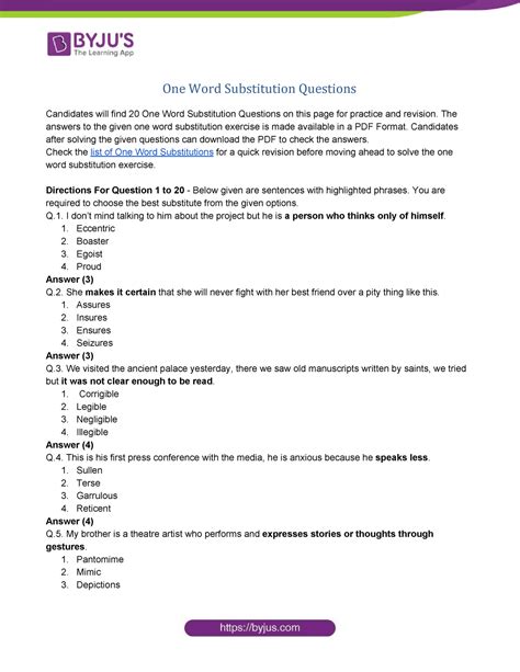 One Word Substitution Questions - The answers to the given one word ...