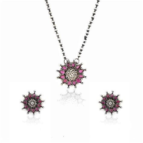 Buy SILVIYA 925 Sterling Silver Pink Floral Pendant Set | Gift for ...