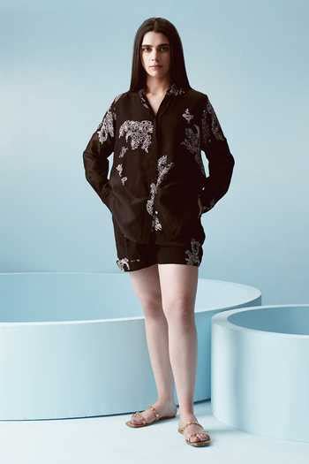Buy Black Crepe Print Glory Collar Neck Raven Bloom Embroidered Shirt ...