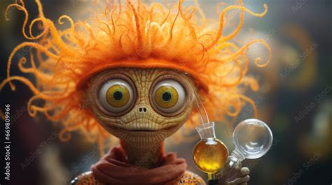 Cartoon movie character, cute funny alien creature with fluffy hair and ...