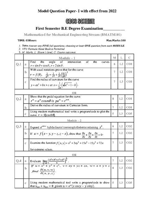 BMATM101 - Model Question Paper I for 2022 Mechanical Engineering - Studocu