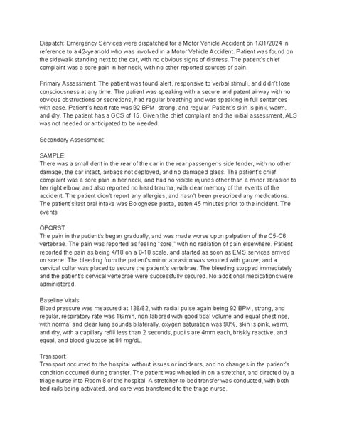 EMT Narrative for MVA Incident - Patient Assessment & Transport Details ...