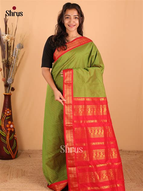 Light Green Kalyani Cotton Saree With Golden Zari Kattams & Contrast R