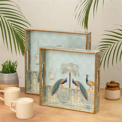HomeShastra® Wooden Serving Tray with Gold Engraving | Set of 2 | Size ...